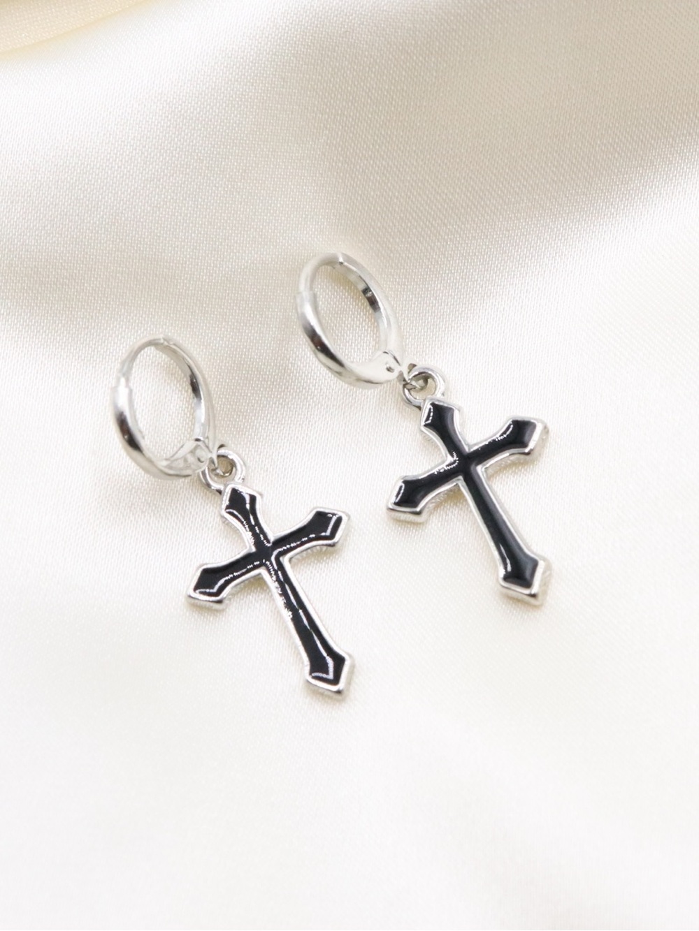 Black and Silver Cross Hoop Earrings